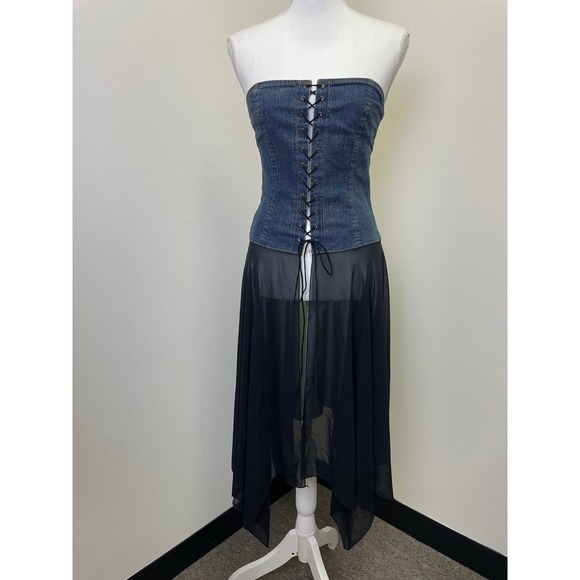Sole Mio Tops - Sole Mio Y2K Denim Corset Top M Lace Up Asymmetrical Sheer Chiffon Whimsigoth